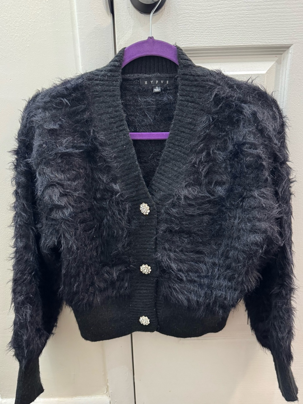 HYFVE Black Fuzzy V‑Neck Cardigan with Rhinestone Buttons